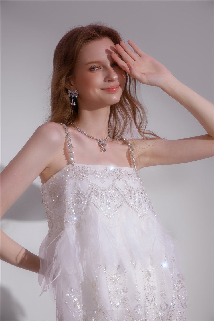 Wardrobes by Chen White sequin Strap Lace Loose Top High Waist Straight Pant-Lacey