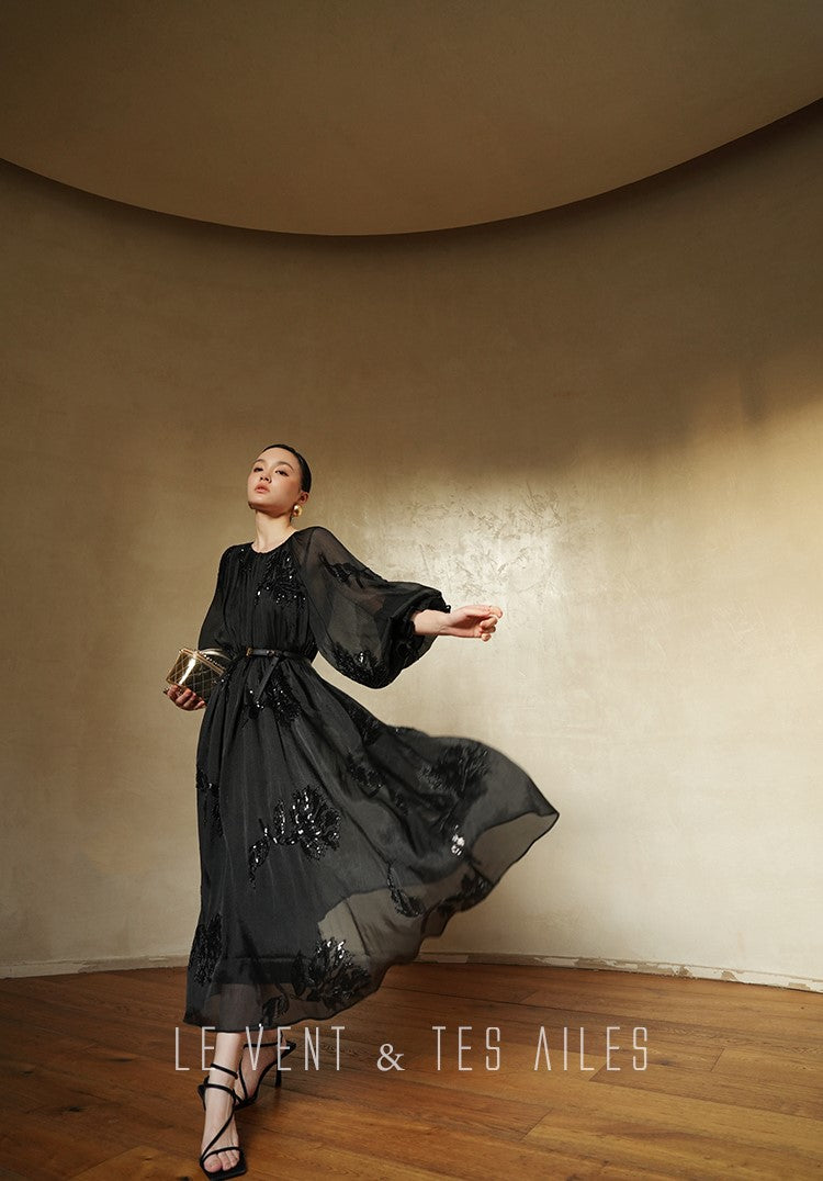 LE VENT&TES AILES Luxury Elegant High-End Hand-Beaded 3d black Dress - VERA