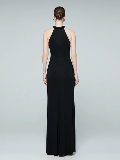 ANNAKIKI black four-pointed star hollow pleated halterneck dress-GICHII