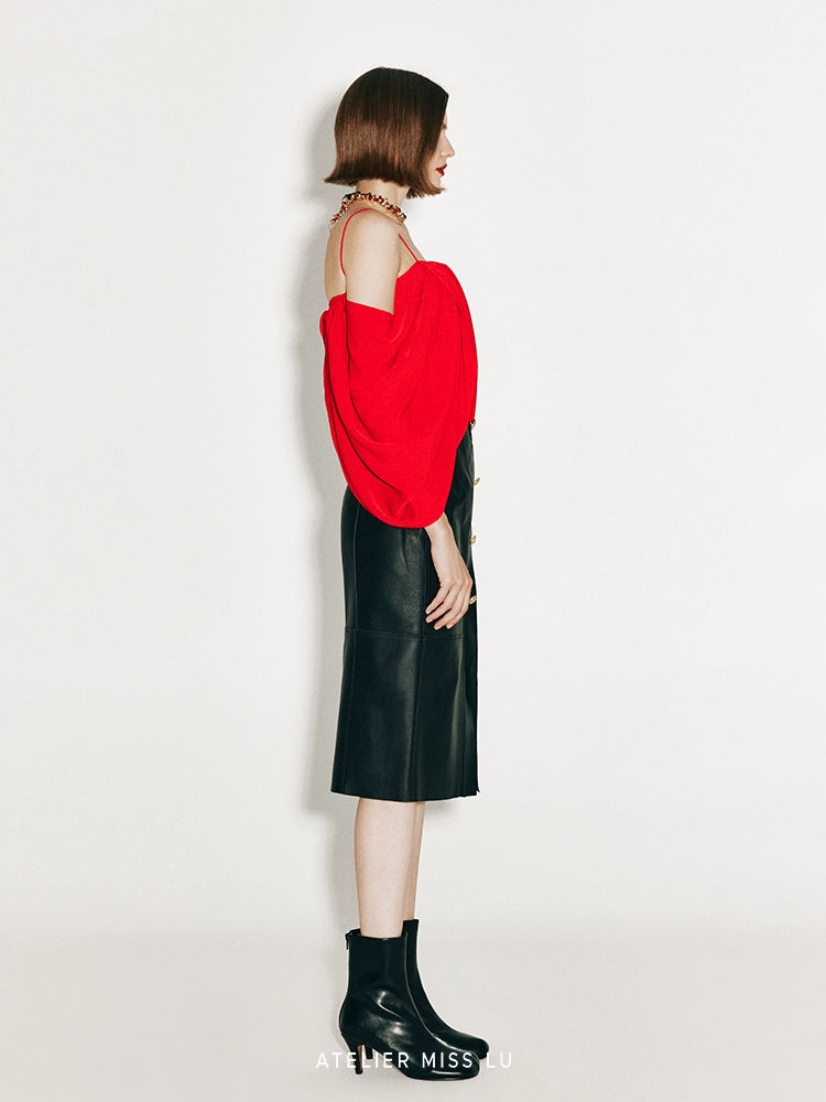 ATELIER MISS LU irregular draped design off-the-shoulder suspender top - KING.