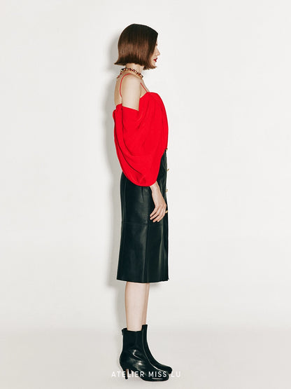ATELIER MISS LU irregular draped design off-the-shoulder suspender top - KING.