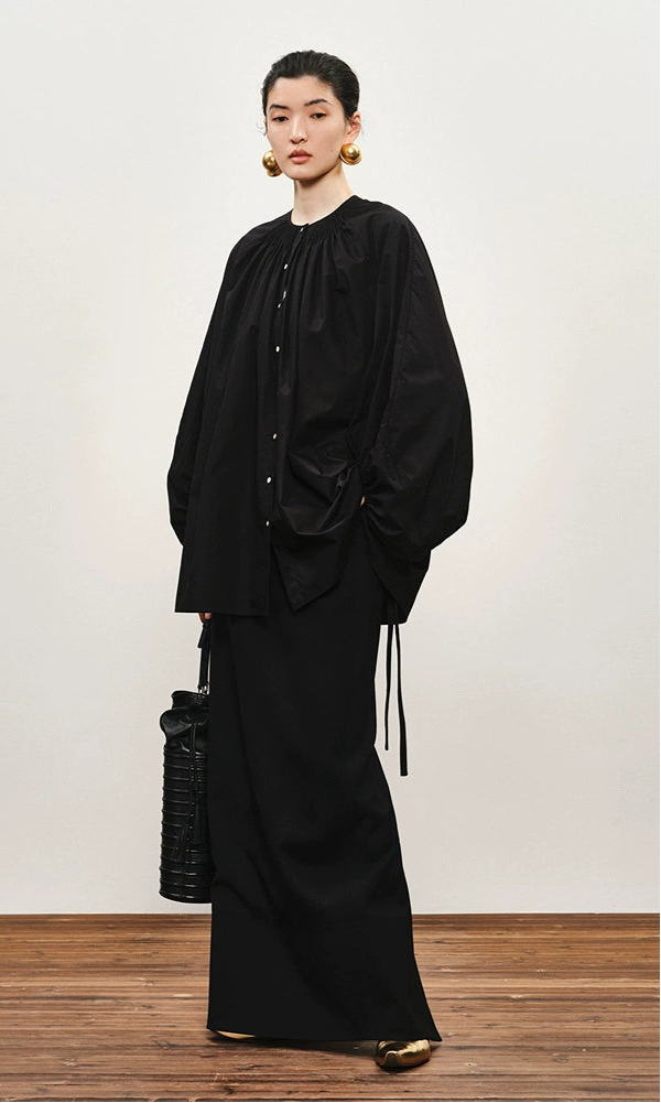 ZHUCHONGYUN Cotton Black Pinch Pleated Loose Straight Shirt--CHIDOME.