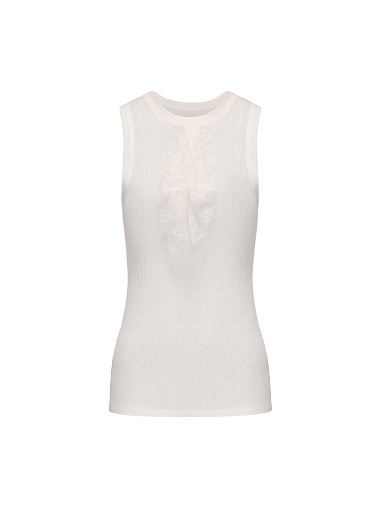 ATELIER MISS LU lace-embellished lightweight knitted short-sleeved vest - GLACIOUS.