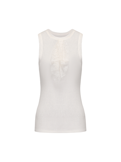 ATELIER MISS LU lace-embellished lightweight knitted short-sleeved vest - GLACIOUS.