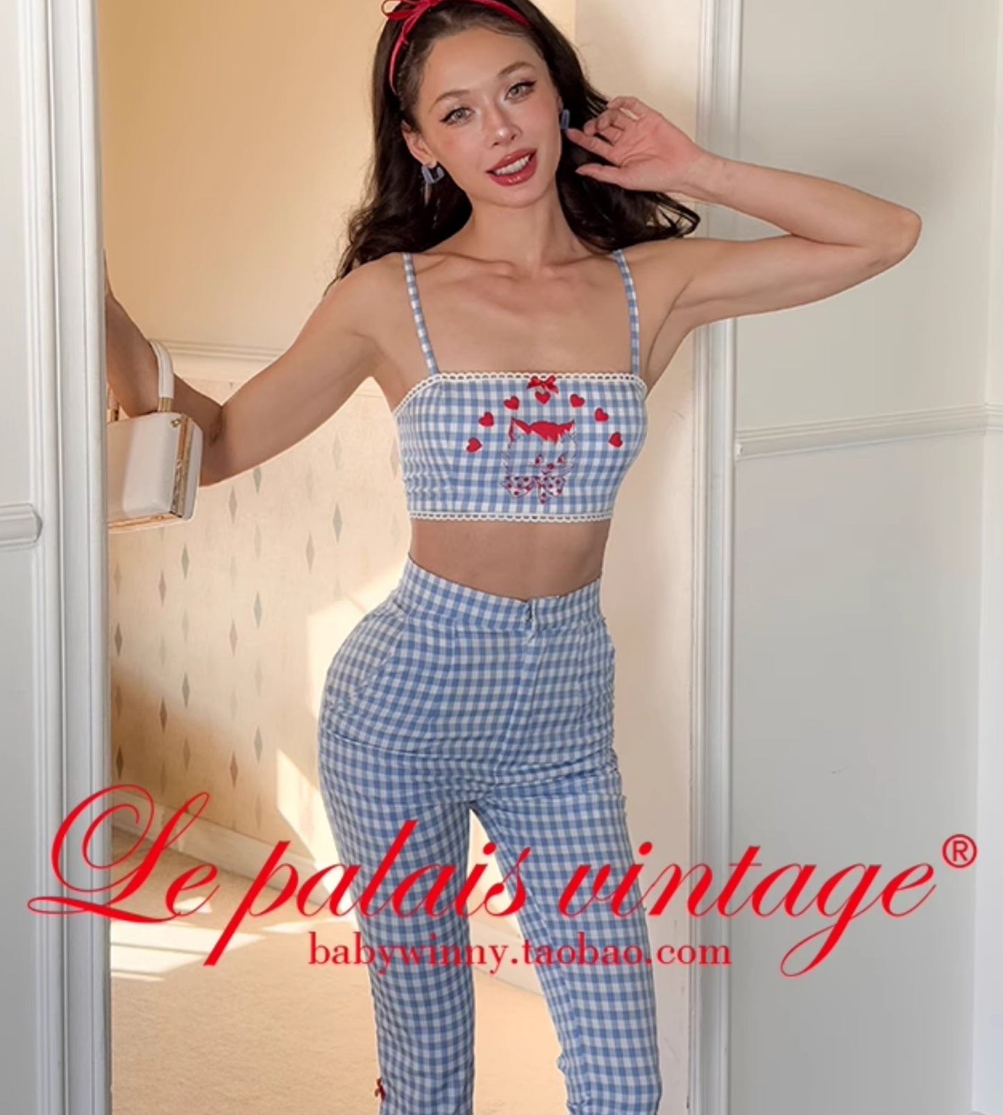 Le Palais Vintage  blue plaid kitten print short suspender pleated skirt-FASH.