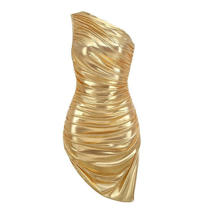 DOLLY Gold Slant Collar Off Shoulder Pleated Body Hug Midi Dinner Dress-AURELIA