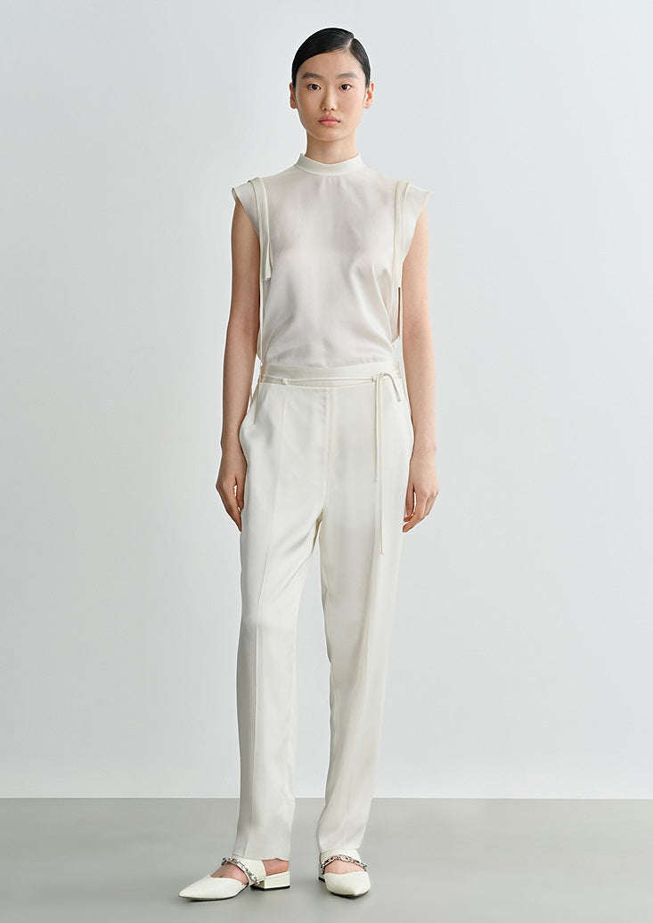 COMME MOI Lv Yan designer summer sleeveless stand collar triple acetate satin top - MEADOW.