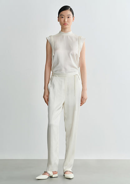 COMME MOI Lv Yan designer summer sleeveless stand collar triple acetate satin top - MEADOW.