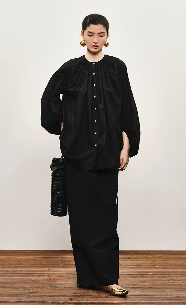 ZHUCHONGYUN Cotton Black Pinch Pleated Loose Straight Shirt--CHIDOME.