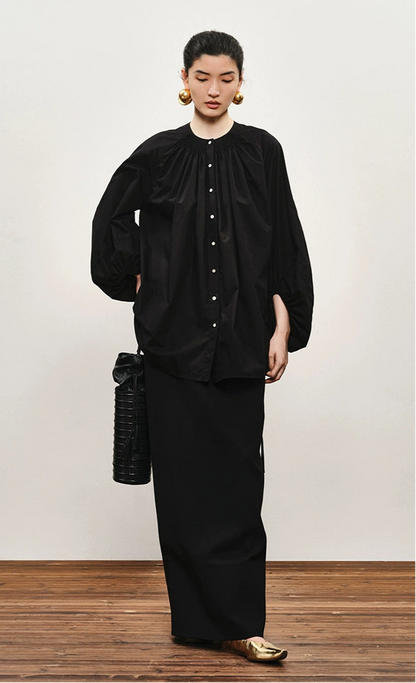 ZHUCHONGYUN Cotton Black Pinch Pleated Loose Straight Shirt--CHIDOME.