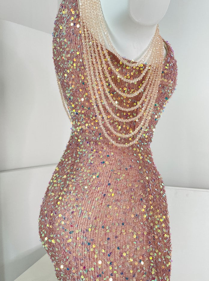 DOLLY Luxury Gold Sleeveless Stand Collar Sequin Beaded Tassel Evening Dress-LILY