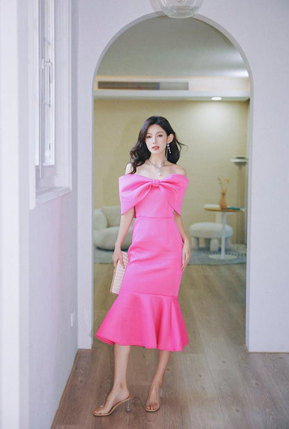 DOLLY Elegant Pink Big Bow Tube Top Off Shoulder Ruffled Fish Tail Dress-ZAYNAB