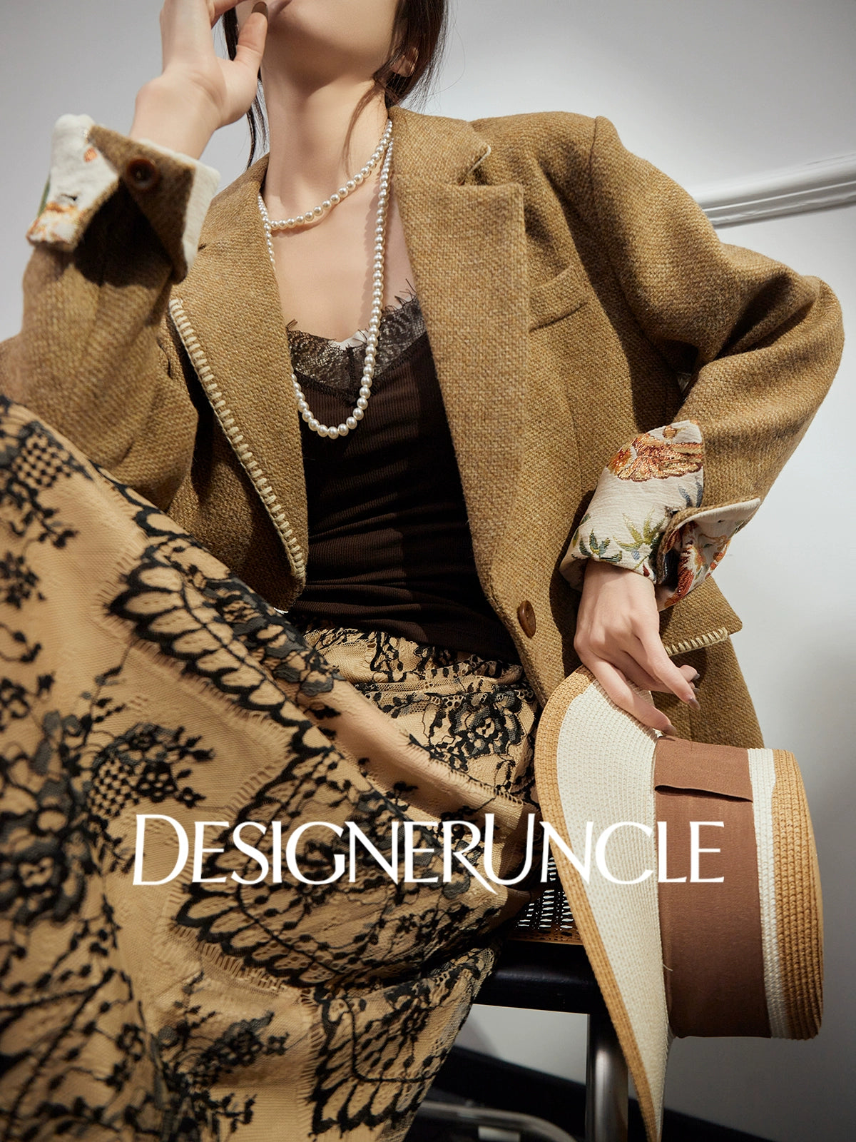 DGU| Coffee Suit Single-Breasted V-Neck Knitted Cardigan Woven Hip Skirt Set - MAKER.