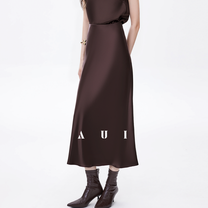 AUI Maillard coffee color high-end satin temperament high-waisted hip skirt - Gyeong.