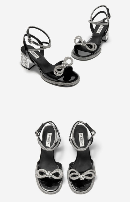 SHOESZOOO Straight Line Rhinestone Thick Heeled Sandals with Bow - GRIT.