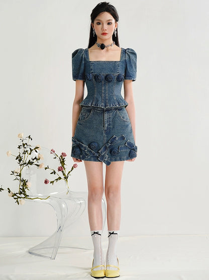 CHECOCRE Stubble Sweet Cool Girly Suit Hakama Denim Skirt Set- INDEFIN