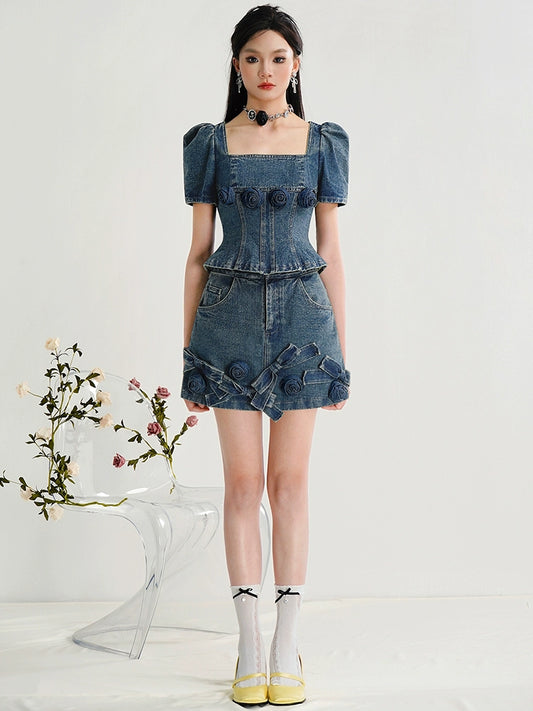 CHECOCRE Stubble Sweet Cool Girly Suit Hakama Denim Skirt Set- INDEFIN