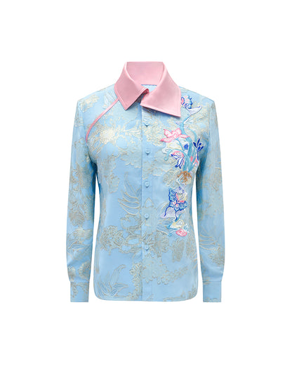 M essential Mackay designer blue pink embroidered contrast lapel shirt pant dress set - halle.