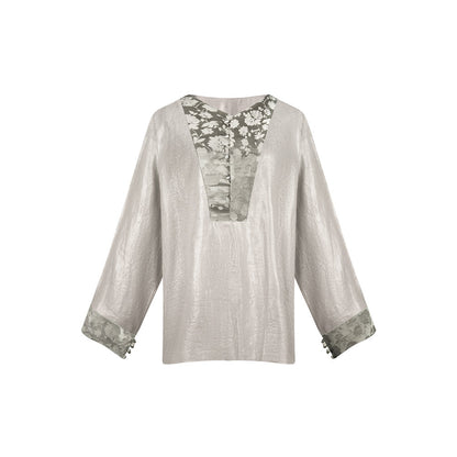 TUYUE Linen Glossy Long Sleeve V-Neck Loose Shirt - ALICIA.