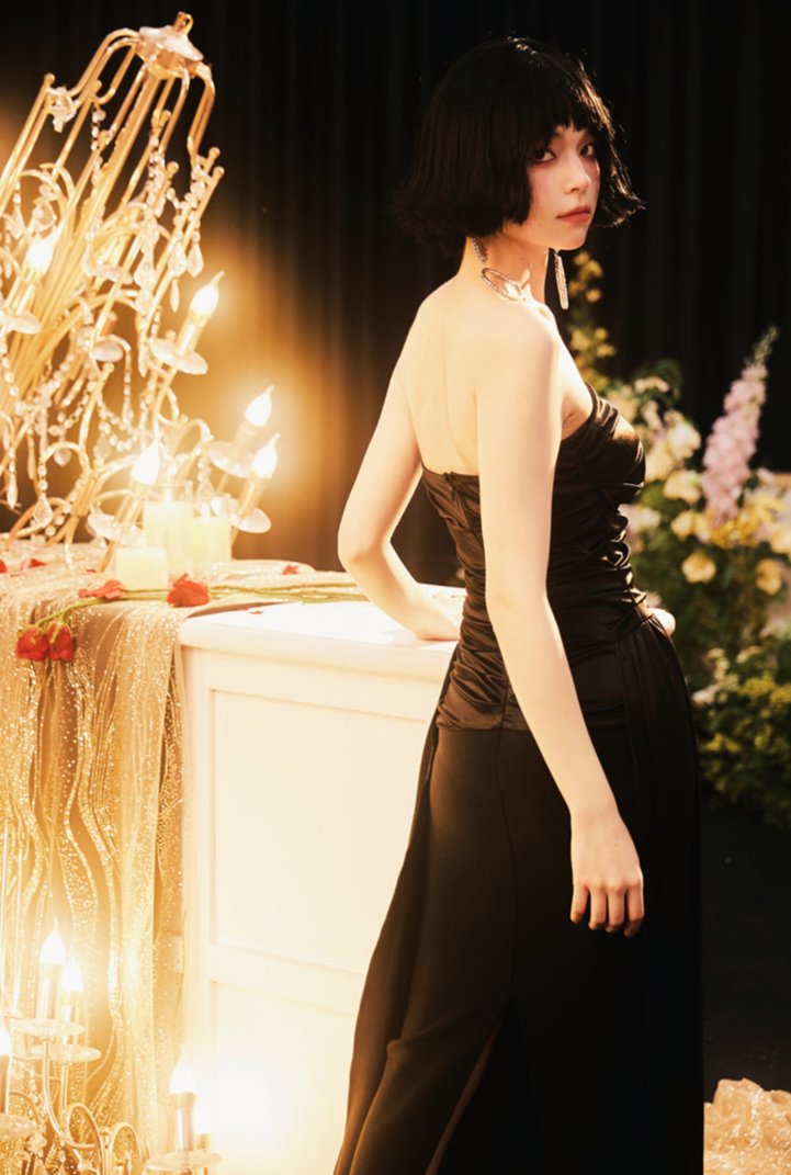 DOLLY Luxury Black Pleated Chest Wrap Off Shoulder High Waist Long Evening Dress-ZOE