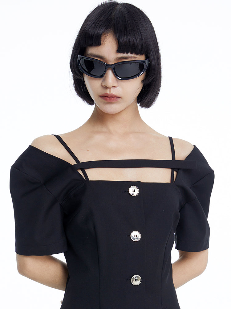 TINY IN dropped shoulders short sleeve square neck little black dress -JAJA