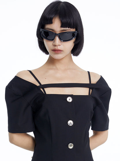 TINY IN dropped shoulders short sleeve square neck little black dress -JAJA