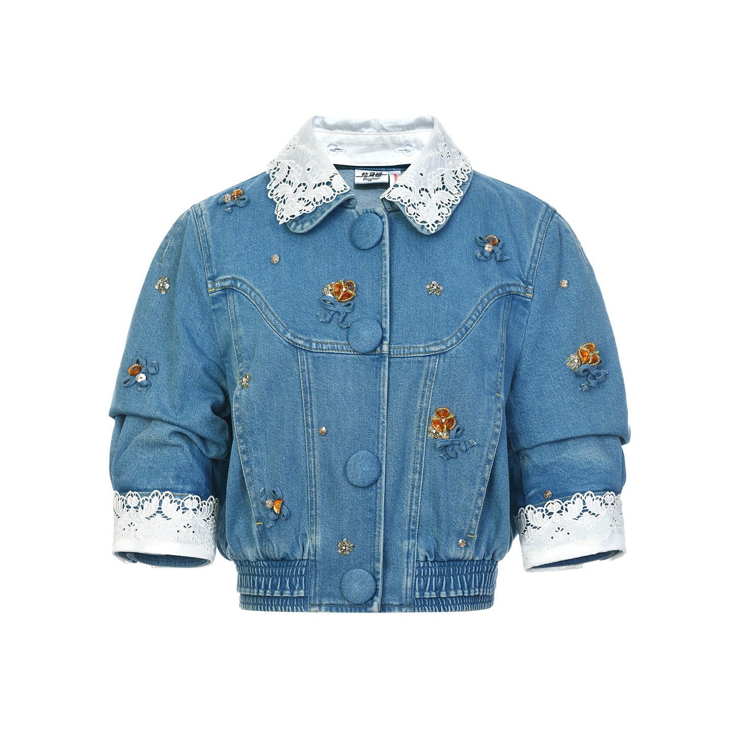 FAME embroidered collar beads bow denim jacket - ETHAN