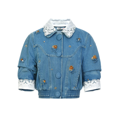 FAME embroidered collar beads bow denim jacket - ETHAN