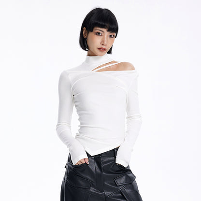 [20% OFF] TINY IN irregular cut-out off-the-shoulder long-sleeved T-shirt temperament slim fit half-neck base layer