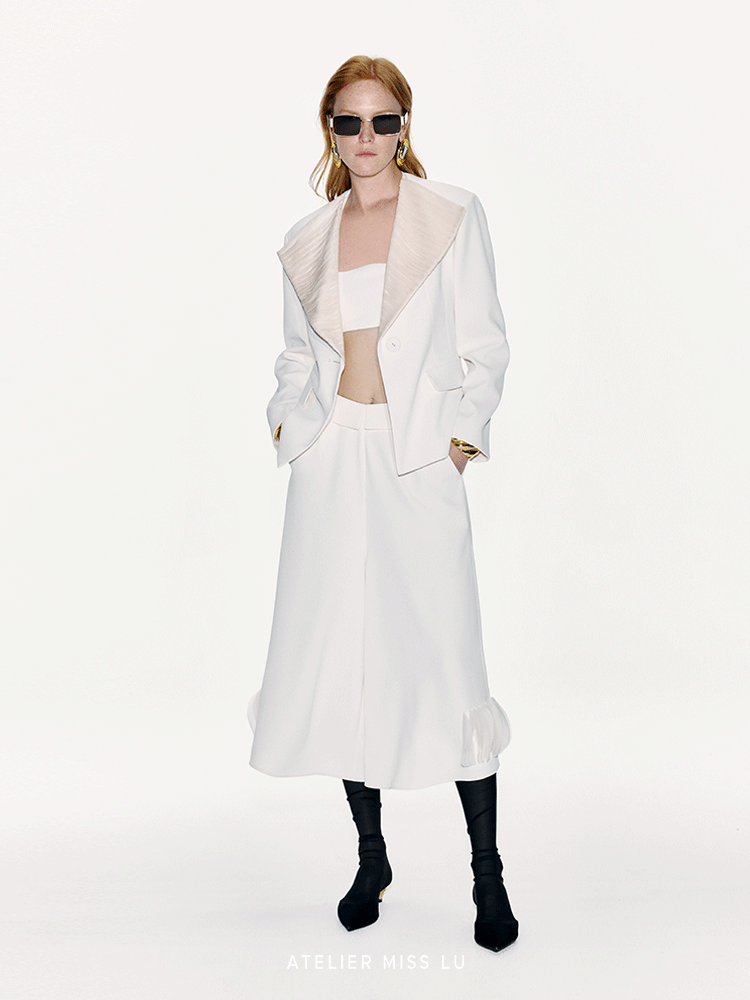 ATELIER MISS LU Textured Tulle Patchwork Waist Blazer - SERMON.