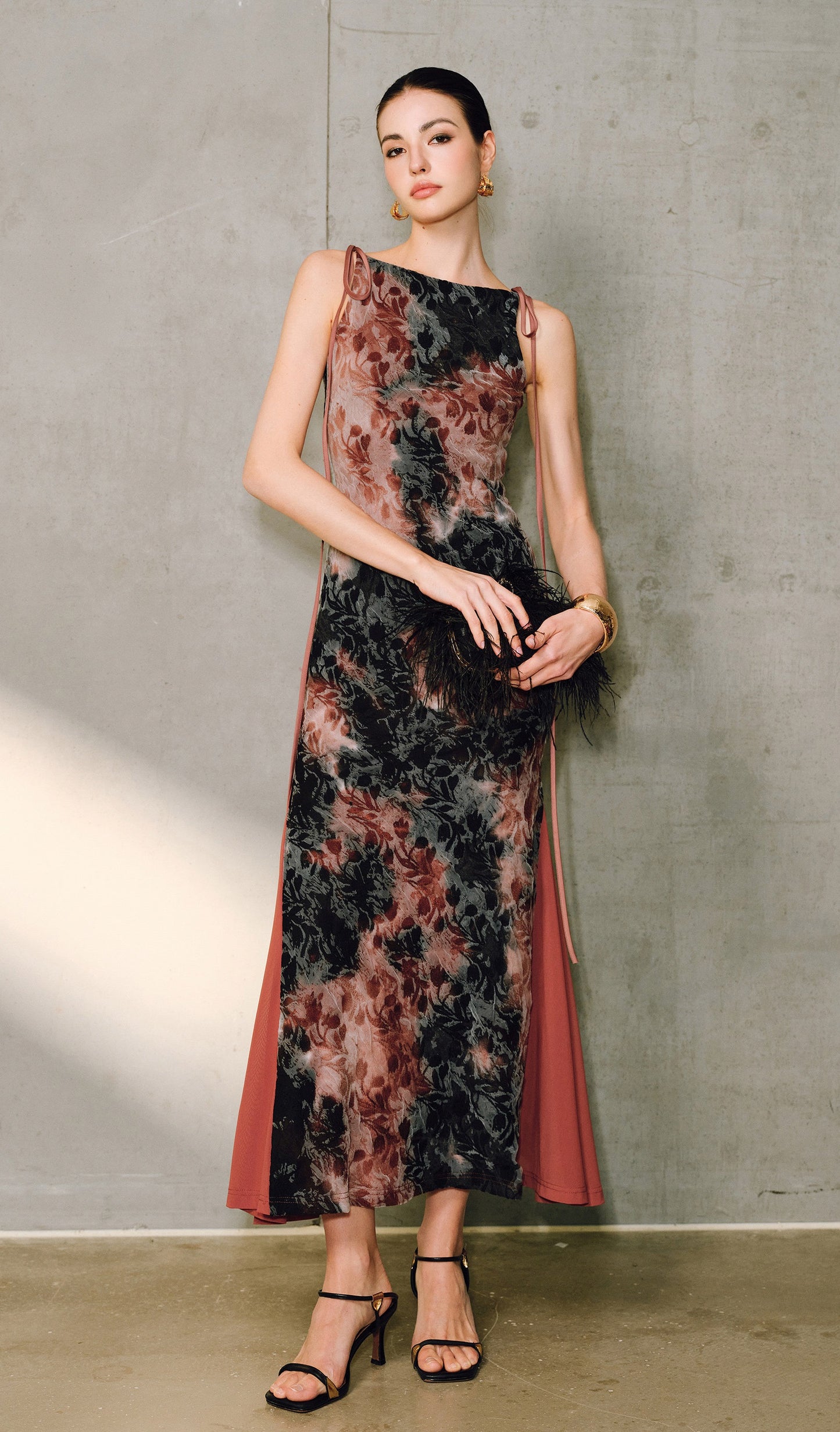 WANGXO | Artistic Ink Smudge Flora Knit Patchwork Contrast Tulle One-Shoulder Fishtail Dress with Flowing Gradient Drama -XINA