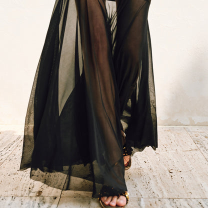 WANGXO | Twill Roman Knit with Lightweight Sheer Paneling  A-Line Hem Flowing Skirt  -RAYA