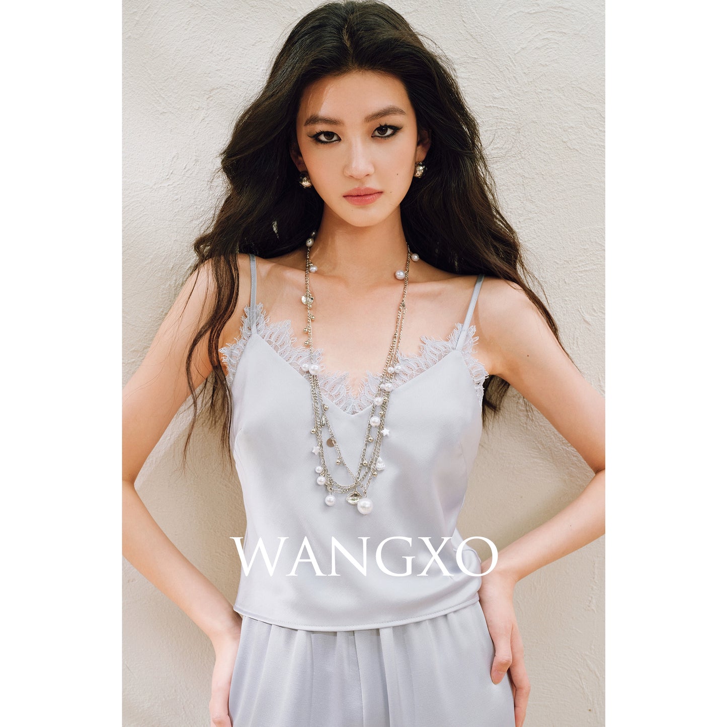 WANGXO | Hemp-Textured Acetate Satin  ight Luxury Lace Suspender, Shirt & Trousers Three-Piece Set- SARI