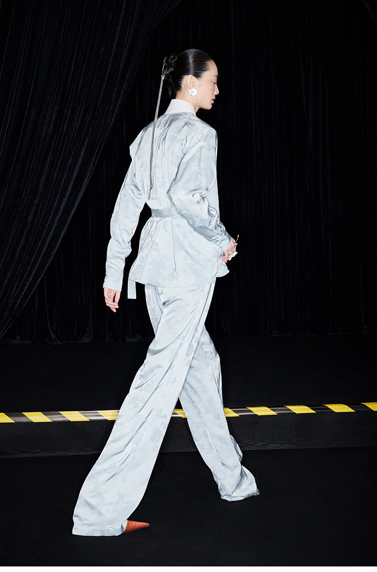 M essential Mackay designer pastel blue Jacquard knotted jacket pants suit set - Gekit.