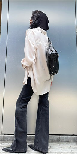 ANNAKIKI Black Wavy Silhouette Slim Denim Wide-Leg Pants-MAPLE