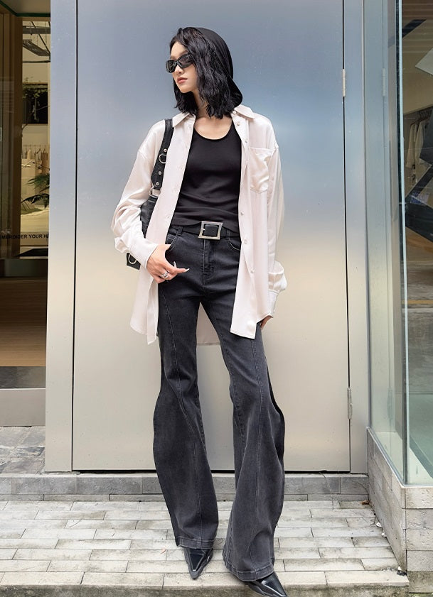 ANNAKIKI Black Wavy Silhouette Slim Denim Wide-Leg Pants-MAPLE