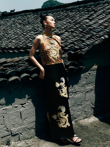 HECO Chinese Retro Mural Golden Dragon Embroidered Vest Top - ERIKA.