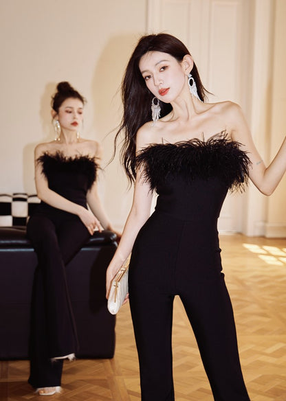 DOLLY High End Black Sleeveless Feather Tube Top Long Flared Pant Jumpsuit-PALMER