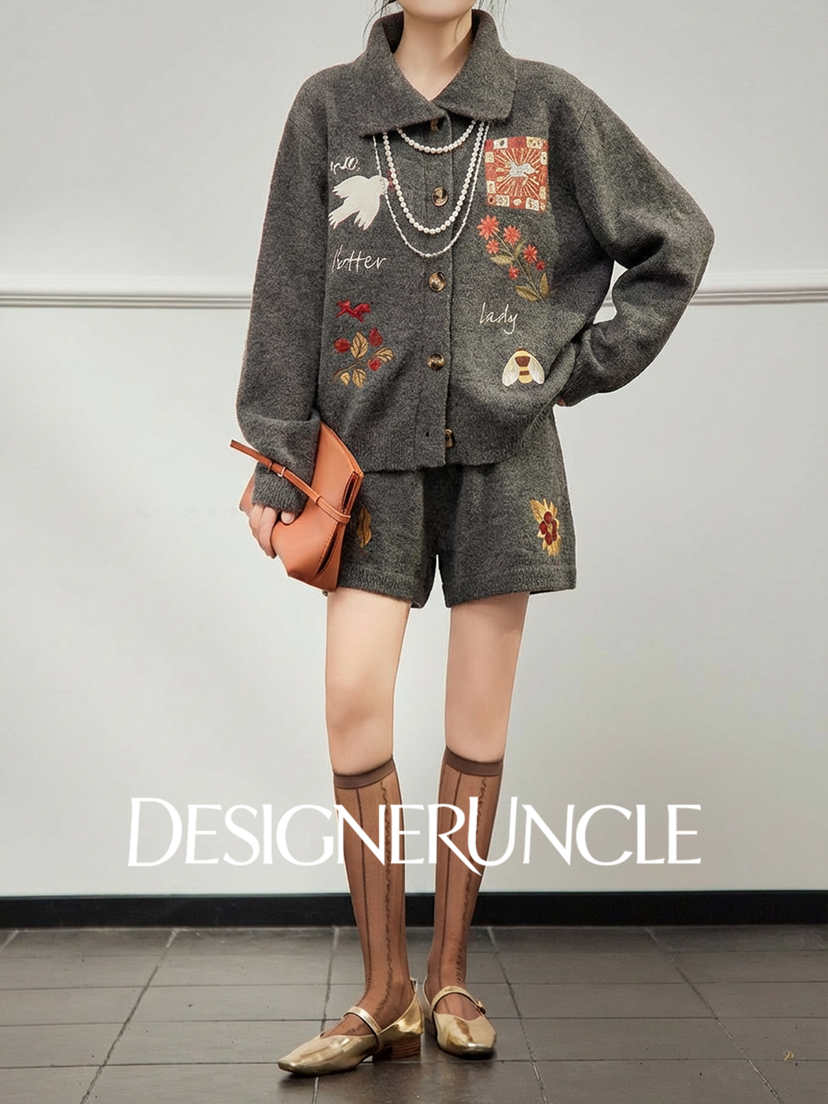 DGU×LAB|Gray Suit Printed Cardigan Knitted Shorts Two-Piece Set - PRESENCE