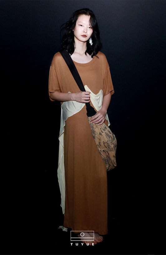 TUYUE brown crew neck loose draped design short sleeve dress - BROWN.