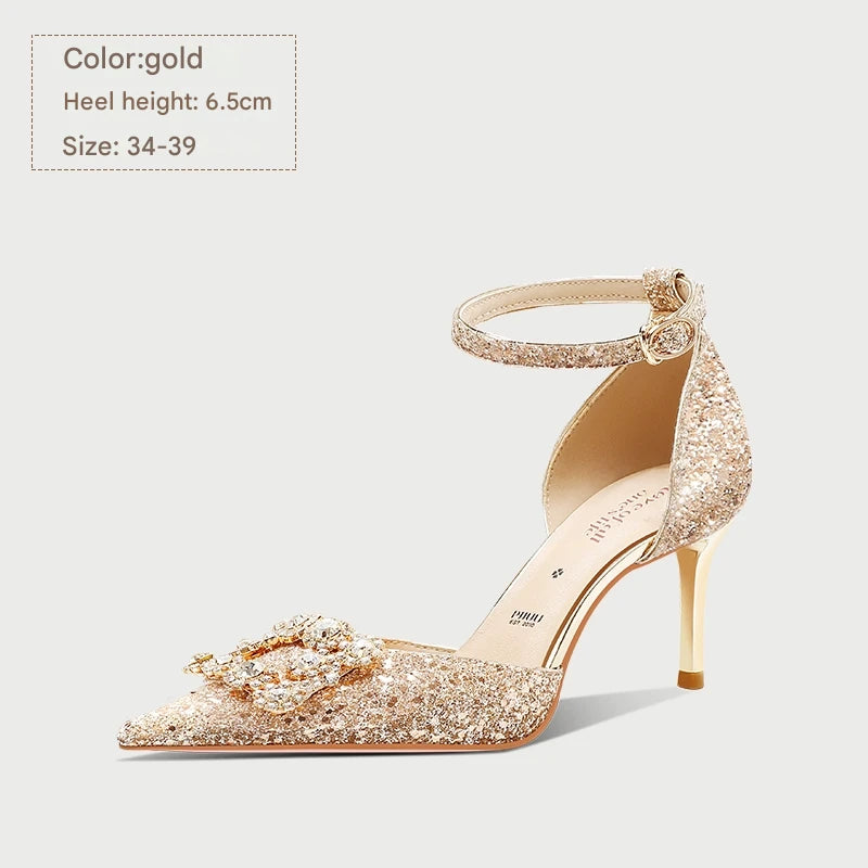 PJJUU beautiful champagne buckle rhinestone stiletto shoes - GREEN.