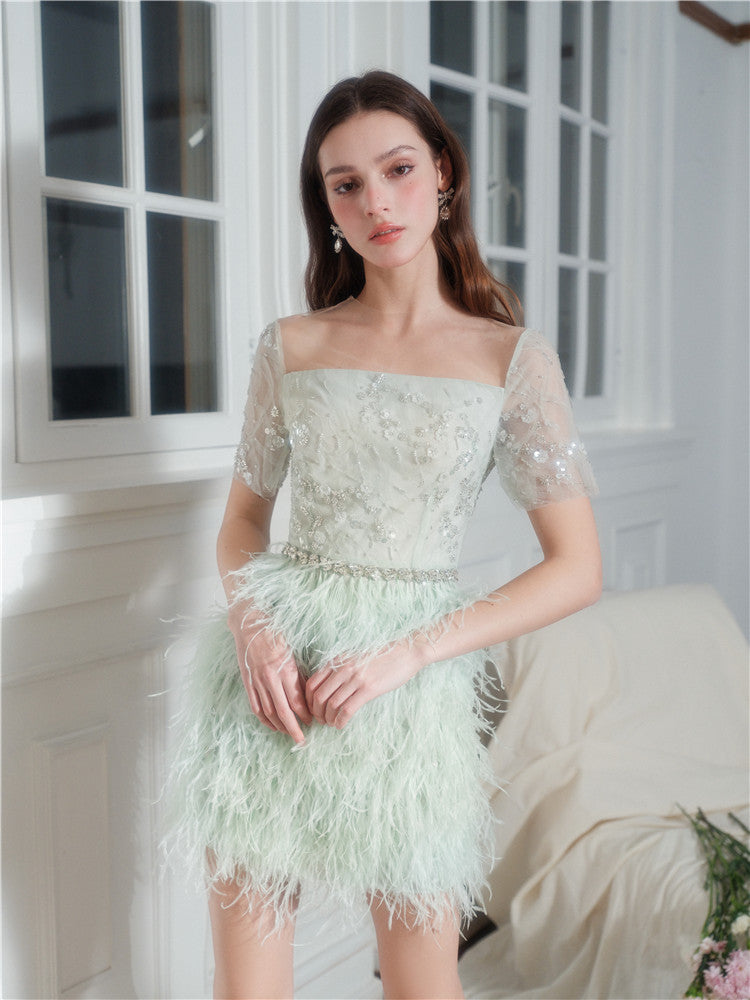 Wardrobes by Chen Luxury Mint Square Neck Lace Short Sleeve Cocktail Dress-Saint