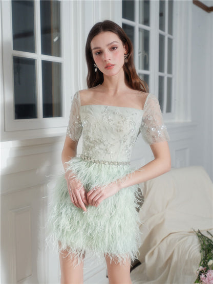 Wardrobes by Chen Luxury Mint Square Neck Lace Short Sleeve Cocktail Dress-Saint