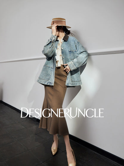 DGU|Denim Blue Retro Lapel Workwear Short Light Luxury Niche Top Jacket - Robert.