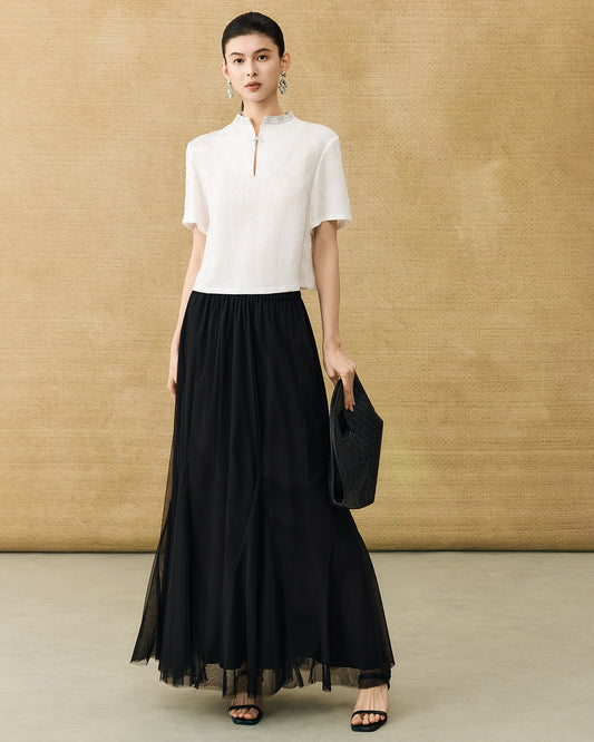 HECO Chinese Flower Embossed Disc Buckle Short Sleeve T-Shirt - BOND.