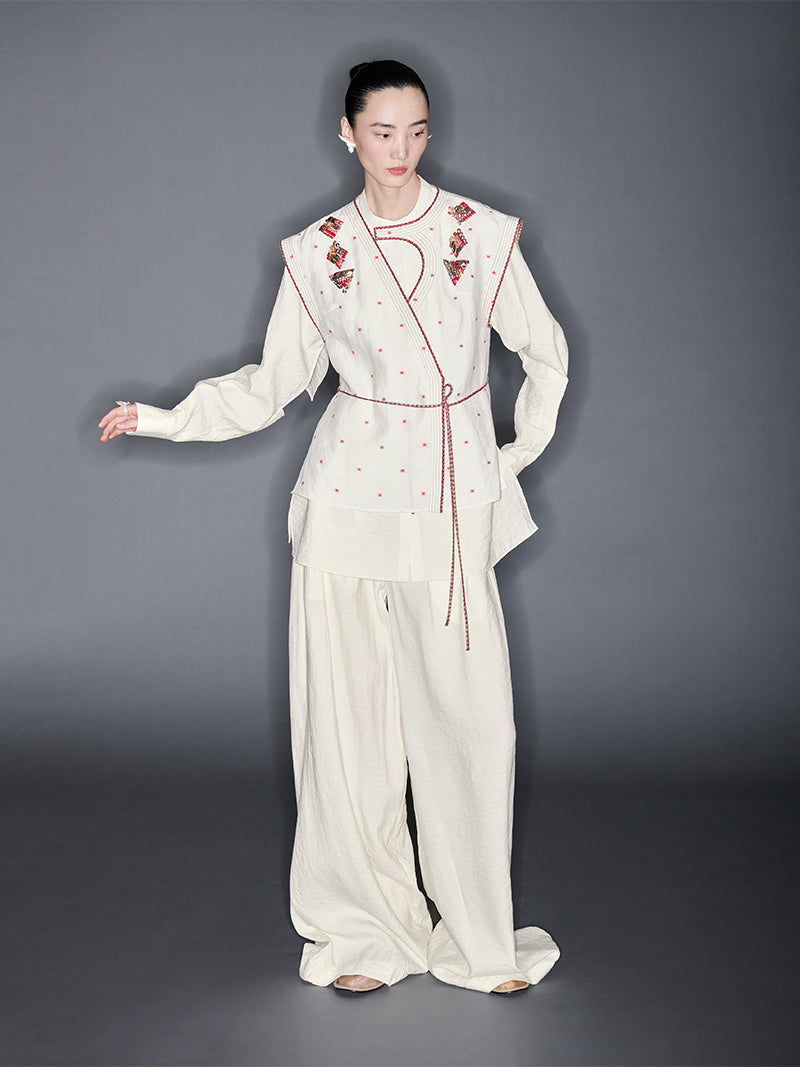 M essential Mackay's stone-embellished mosaic embroidered gilet vest blazer pant set - feb.