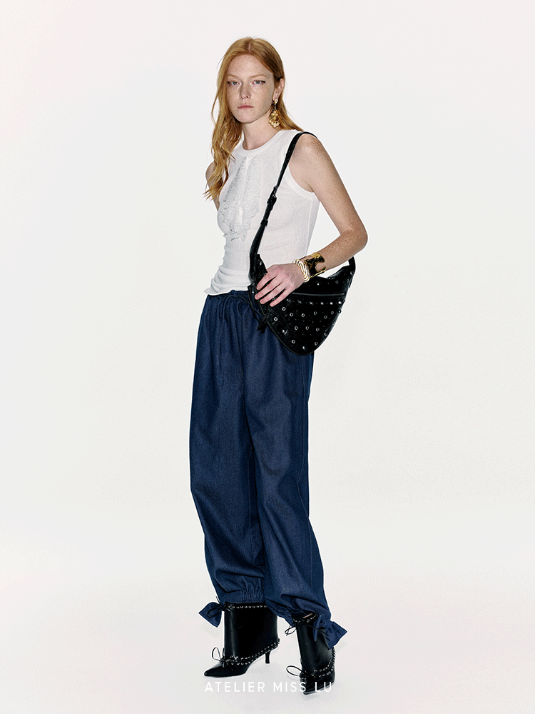 ATELIER MISS LU lace-embellished lightweight knitted short-sleeved vest - GLACIOUS.
