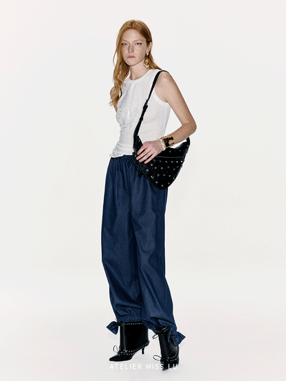 ATELIER MISS LU lace-embellished lightweight knitted short-sleeved vest - GLACIOUS.