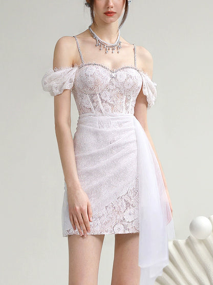 CHECOCRE ELEGANT DIAMOND CHAIN PUFF SLEEVE WHITE DRESS  - IDOWU