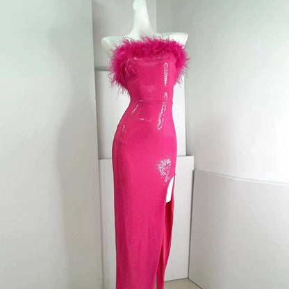 DOLLY White Feather Tube Top Sequin Slim Fit Long Dress-STEPH